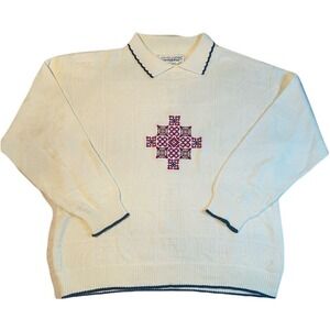 Chelsea Gardens Vintage Womens Cream Embroidered Polo Sweater Navy Trim Size M